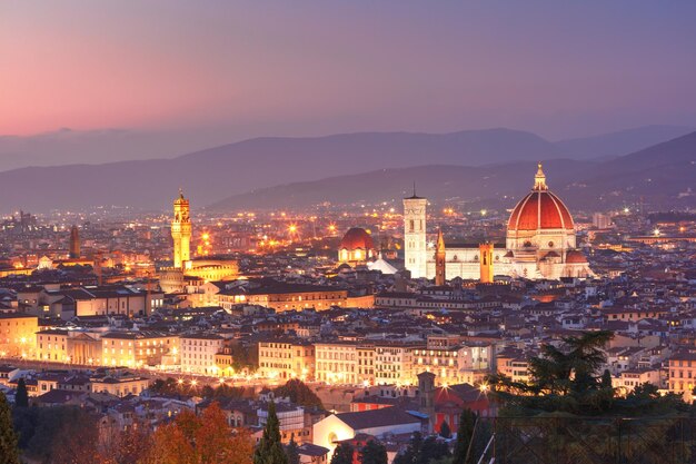 Foto hermosa vista panorámica del duomo santa maria del fiore y la torre del palazzo vecchio durante la noche