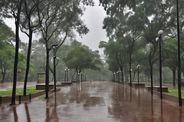 hermosa vista del parque día de lluvia en el parque con árboles y bancos