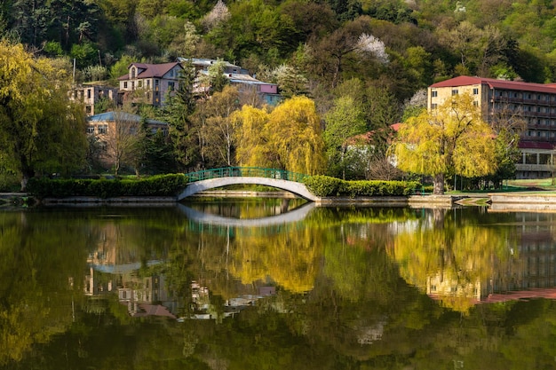 Hermosa vista del pequeño lago en el parque de la ciudad de Dilijan en la mañana soleada