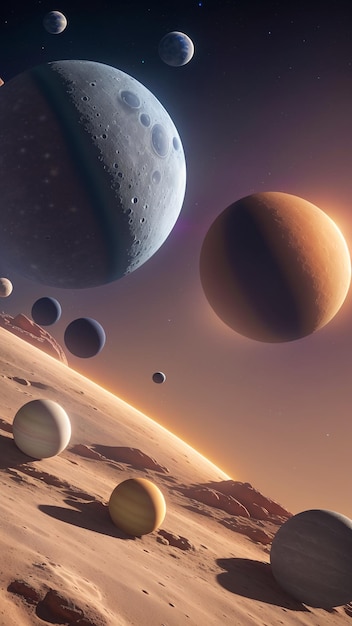 Una hermosa vista de los planetas en el cielo con algunos pequeños planetas IA generativa