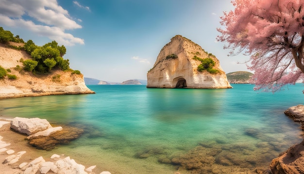 una hermosa vista de una playa con una roca en el agua