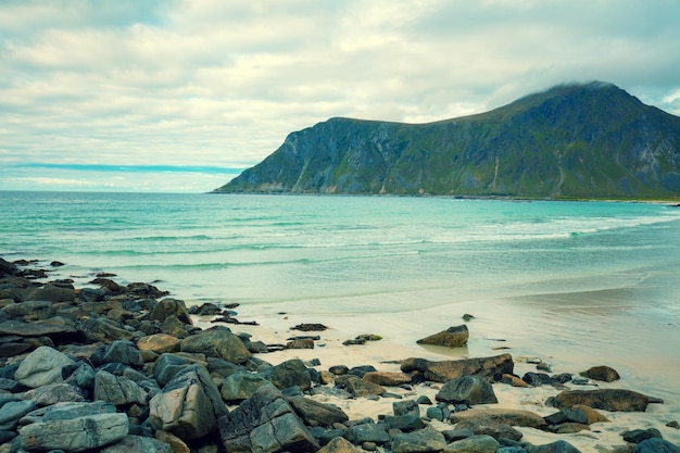 Hermosa vista de la playa rocosa del desierto del fiordo Islas Lofoten Noruega