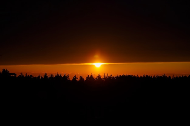 Hermosa vista, puesta de sol en naranja, el sol se va sobre el horizonte