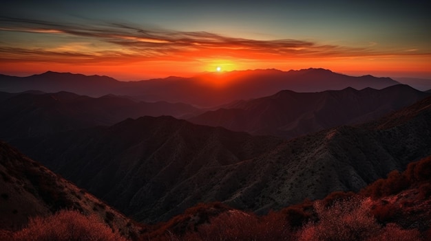 Una hermosa vista de la puesta de sol sobre las montañas generada por IA