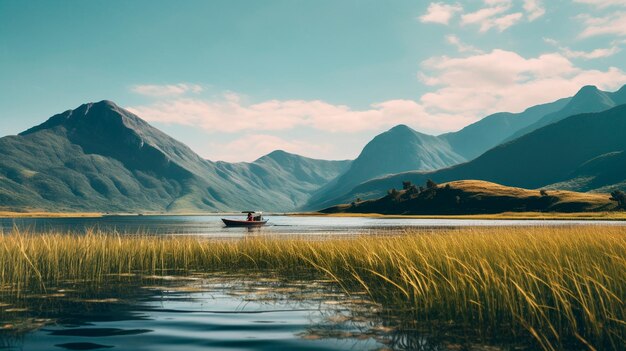 hermosa vista del río con un barco en las montañas