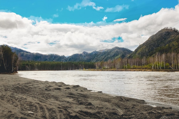 Hermosa vista del río de montaña en verano, montañas de Altai, Rusia