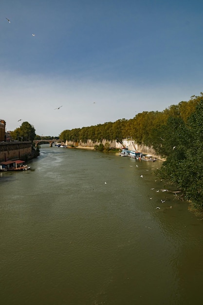 Hermosa vista del río Tíber y el puente Listones verdes a lo largo de la costa protegen del sol Un agradable paseo por la pintoresca Roma en primavera