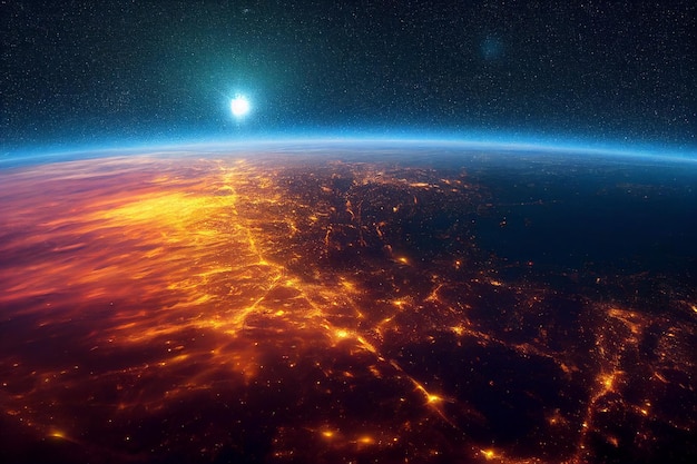 Hermosa vista sobre el planeta Tierra desde el espacio por la noche con luz de la ciudad y fondo de estilo de arte digital