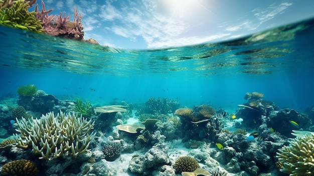 Hermosa vista submarina del fondo marino del arrecife de coral con horizonte y superficie del agua