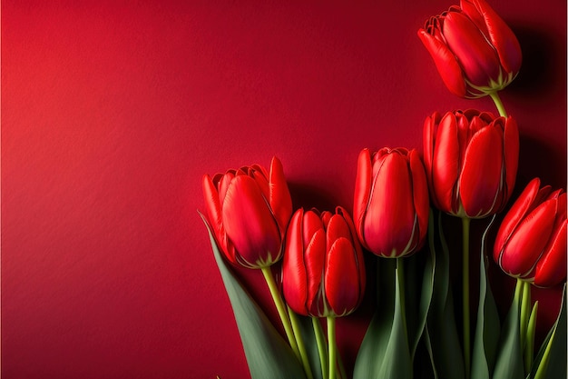 hermosa vista superior de fondo de flores de tulipán de primavera en estilo plano Saludo para mujeres o madres