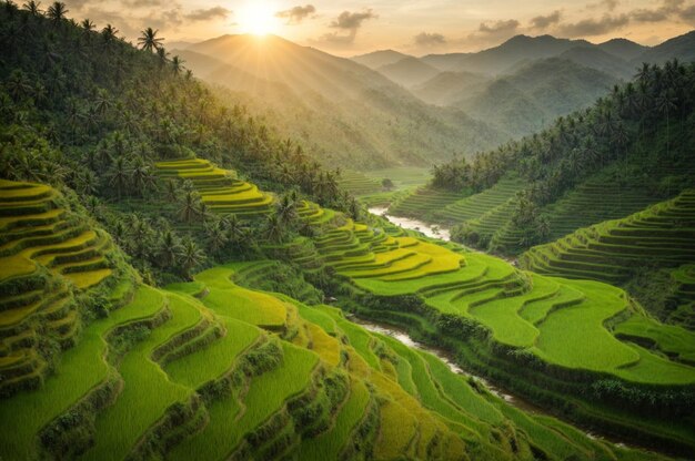 Hermosa vista de terrazas de arroz verde