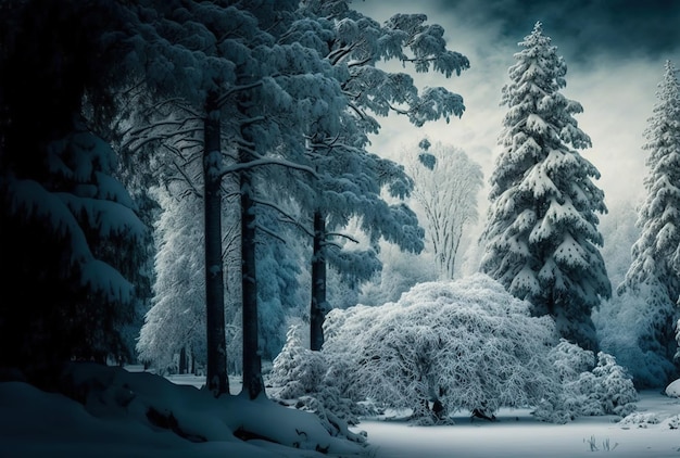 Hermosa vista de varios árboles cubiertos de nieve en un bosque