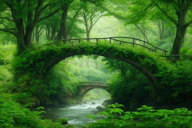 Hermosa vista de la vegetación y un puente en el bosque perfecto para el fondo