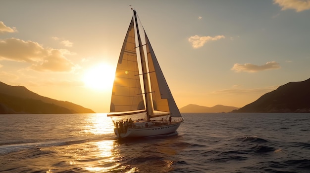 Hermosa vista del yate navegando en el mar con puesta de sol