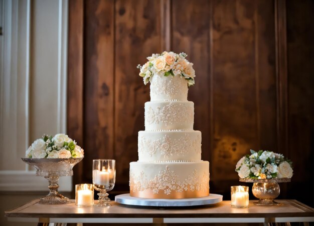 Foto hermosamente decorado pastel de boda de varios niveles con flores