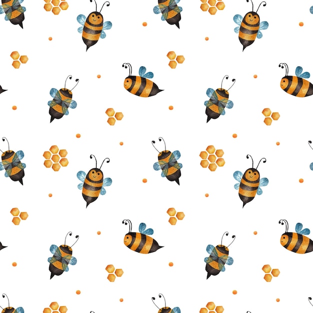 Las hermosas abejas fondo acuarela patrón sin costuras sobre un fondo blanco