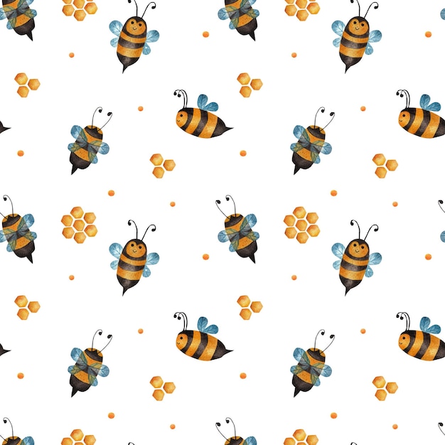 Las hermosas abejas fondo acuarela patrón sin costuras sobre un fondo blanco