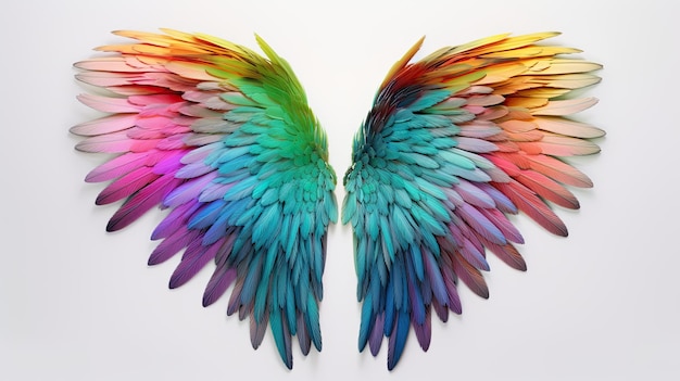 Foto hermosas alas de arco iris de plumas de colores aisladas en maqueta de fondo blanco ia generativa