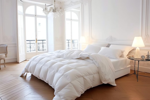 Hermosas almohadas blancas cómodas de lujo y mantas en la decoración de la cama cobertor blanco de lujo