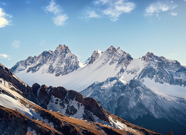 Hermosas altas montañas rocosas cubiertas de nieve durante el día