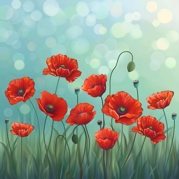 Hermosas amapolas rojas sobre un fondo verde Ilustración vectorial