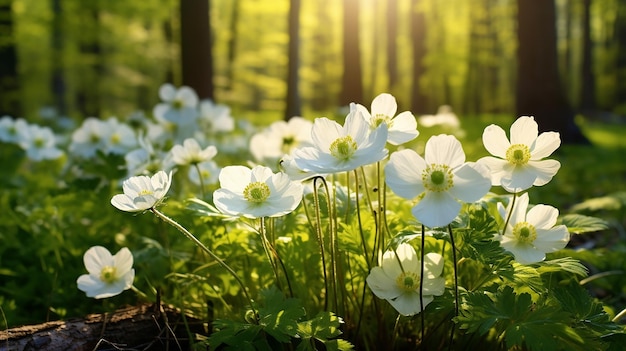 hermosas anémonas de flores blancas en primavera y sol brillante en la naturaleza en el bosque