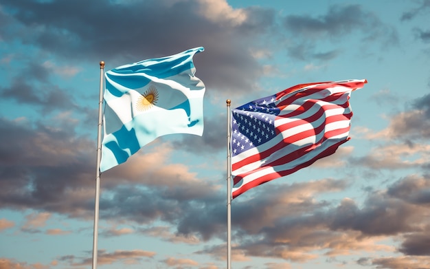 Hermosas banderas del estado nacional de Estados Unidos y Argentina juntos