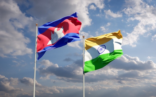 Hermosas banderas del estado nacional de la India y Camboya juntos