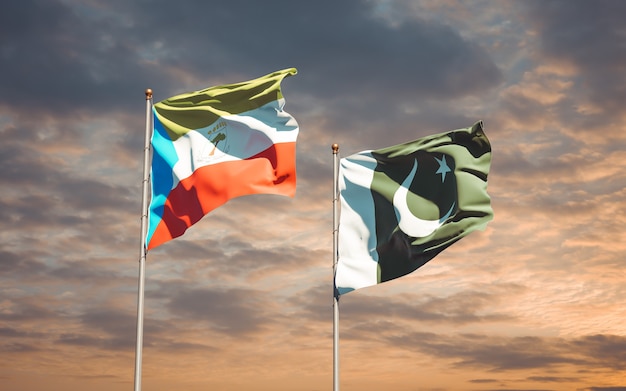 Hermosas banderas del estado nacional juntas en el cielo