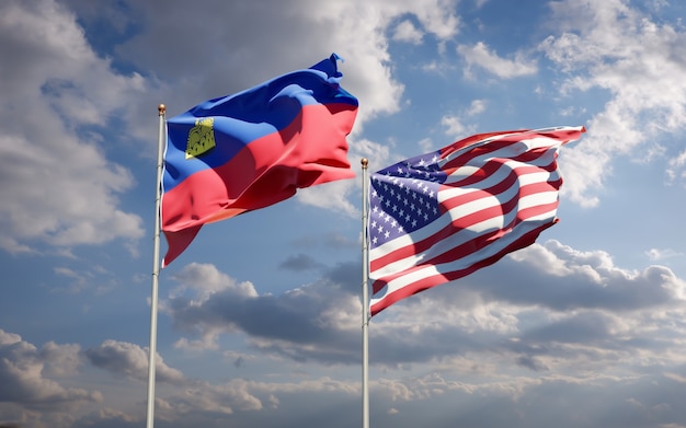 Hermosas banderas del estado nacional de Liechtenstein y Estados Unidos juntos