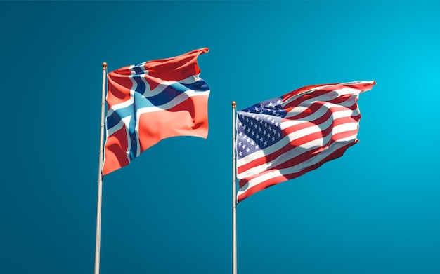 Hermosas banderas del estado nacional de Noruega y Estados Unidos juntos