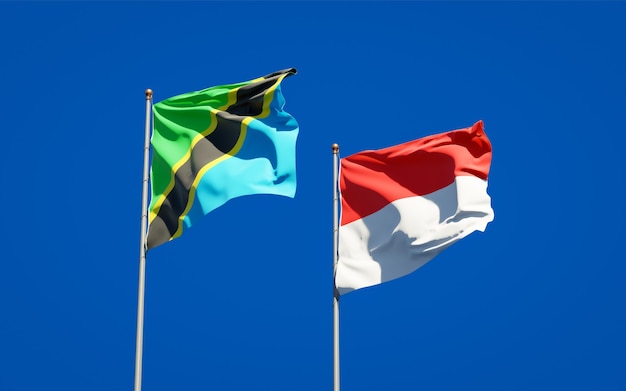 Hermosas banderas del estado nacional de Tanzania e Indonesia juntos en el cielo azul