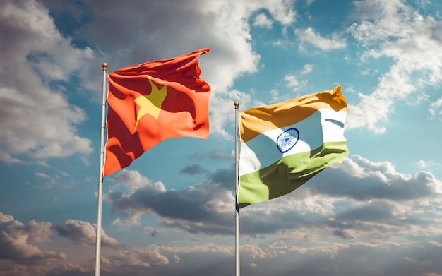 Hermosas banderas del estado nacional de Vietnam e India juntos