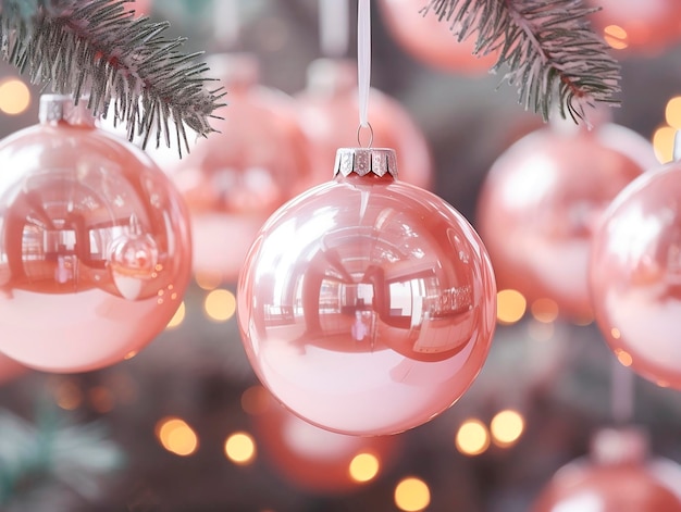 Hermosas bolas de Navidad colgadas en el árbol de Navidad con fondo bokeh