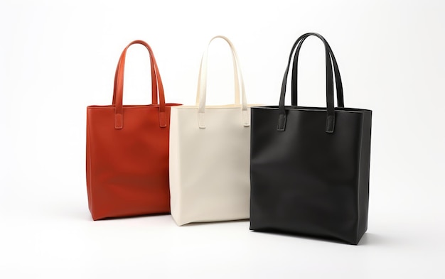 Hermosas bolsas de tote de diferentes colores aisladas sobre un fondo blanco