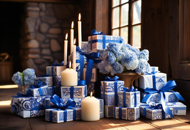 Foto hermosas cajas de regalo azules y blancas sobre una mesa de madera