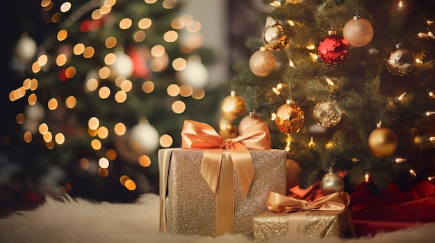 Hermosas cajas de regalo de Navidad cerca del árbol de Navidad en la habitación