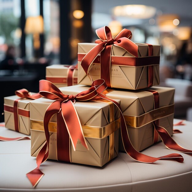 Hermosas cajas de regalos de Navidad en el suelo cerca del abeto en la habitación