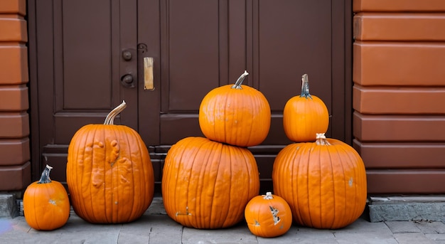 hermosas calabazas fuera de un concepto de casa halloween octubre