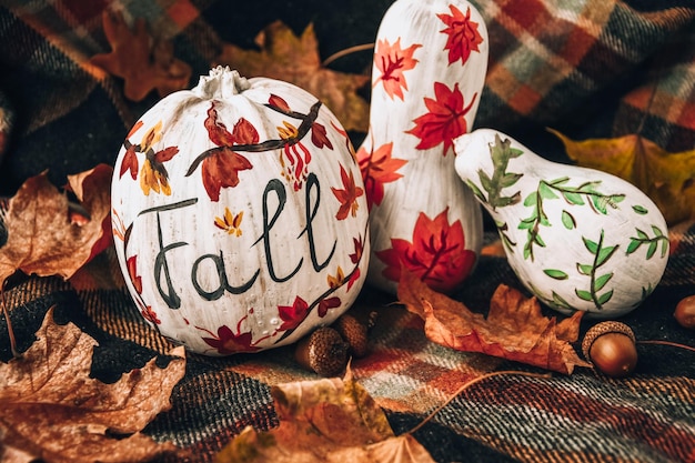 Hermosas calabazas de otoño pintadas. OTOÑO escrito en calabaza. Cosecha de otoño. bricolaje Otoño hojas temporada suéter acogedor, hygge decoración del hogar