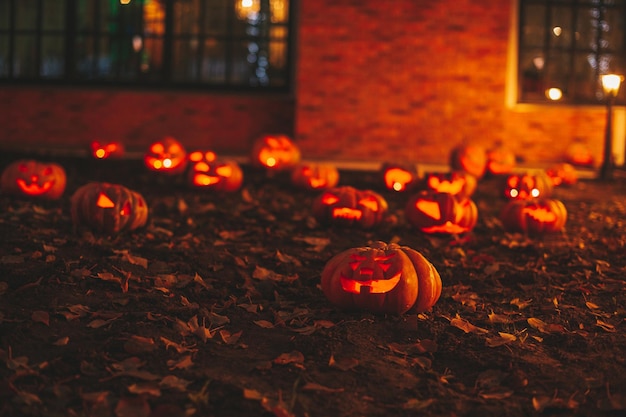 Hermosas calabazas talladas con cara graciosa naranja brillante y sonriente para las vacaciones de Halloween en la noche al aire libre