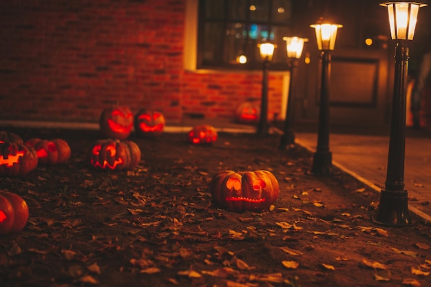 Hermosas calabazas talladas con cara graciosa naranja brillante y sonriente para las vacaciones de Halloween en la noche al aire libre