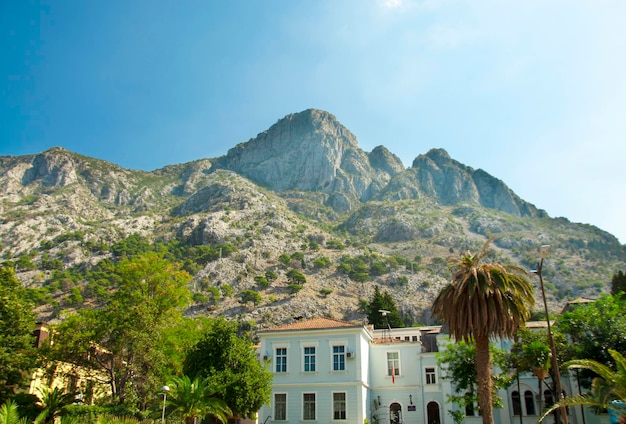 Hermosas casas antiguas y tejados de la antigua ciudad de Kotor frente a las montañas de montenegro