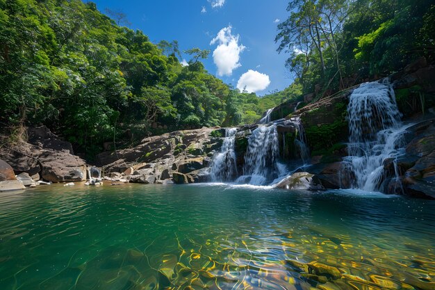 Hermosas cascadas en el bosque tropical con cielo azul y nubes blancas