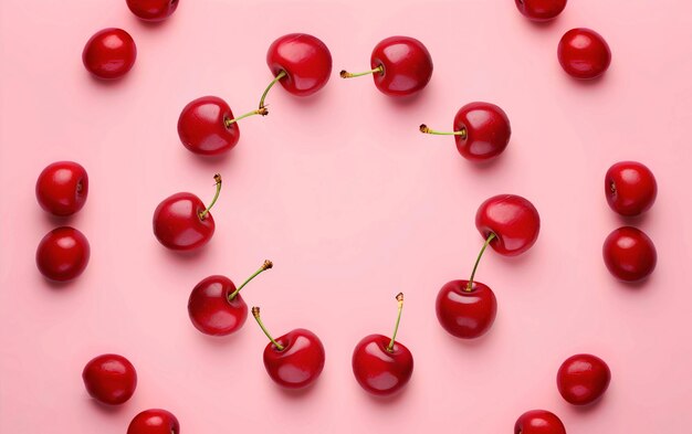 Hermosas cerezas frescas y sabrosas dispuestas en círculo sobre un fondo rosado