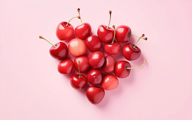 Hermosas cerezas frescas y sabrosas dispuestas en forma de corazón sobre un fondo rosado