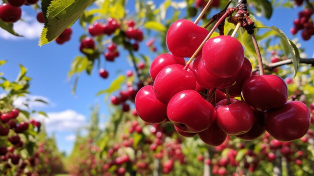 Hermosas cerezas en las plantaciones de huertos