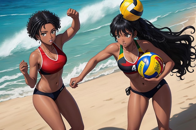 Hermosas chicas brasileñas jugando voleibol de playa Mujer atractiva en bikini Ilustración de dibujos animados una imagen generada por IA