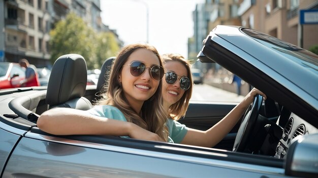 Foto hermosas chicas con gafas de sol mirando felizmente a la cámara pasando tiempo juntas mientras conducen un cabrio