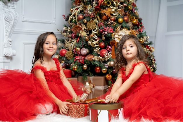 Hermosas chicas con hermosos vestidos frente al árbol de Navidad